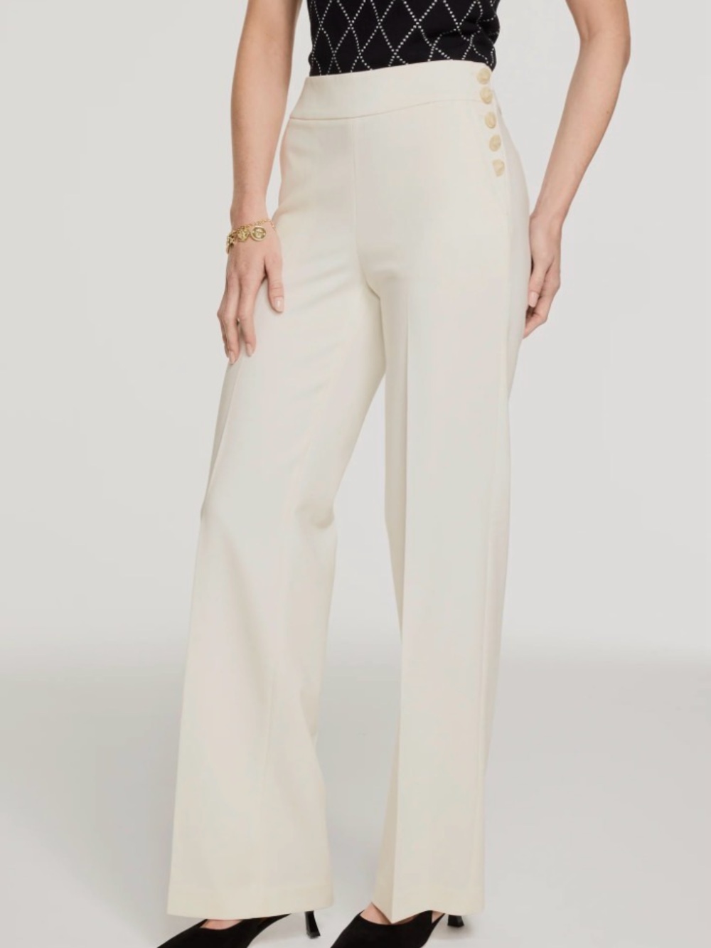 Talbots Greenwich Wide Leg Pants | Ivory Cream | Size 16P Petite | Button Detail - Picture 3 of 8